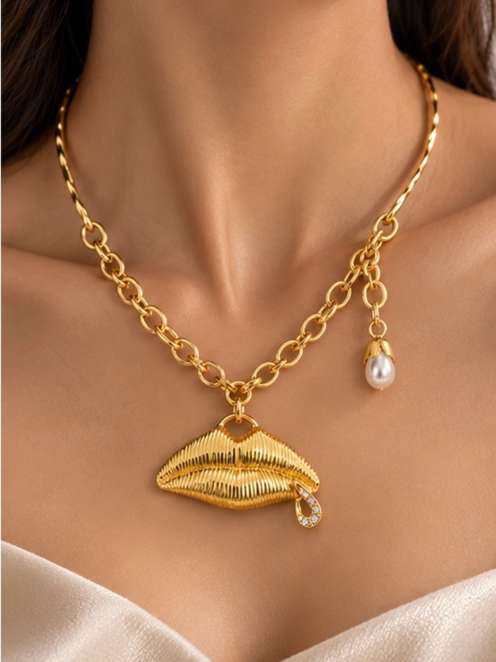 Gold Tone Lips Pendant Necklace with Pearl & Crystal Drop